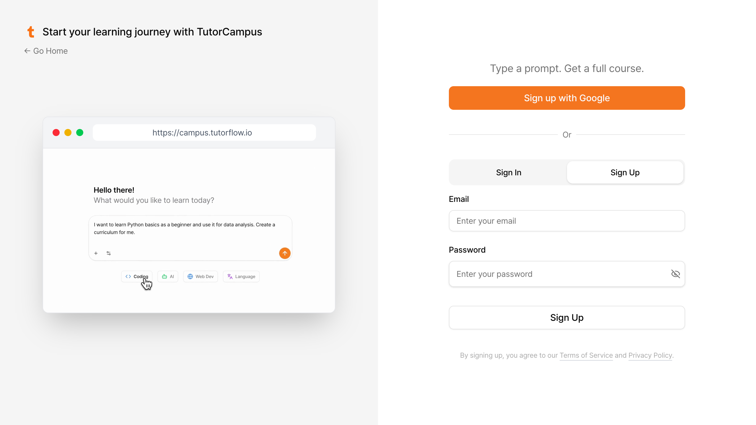 TutorCampus login screen